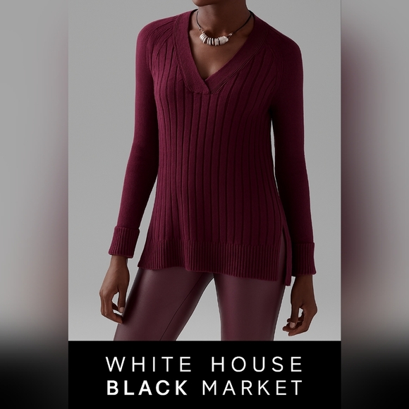 WHITE HOUSE BLACK MARKET V neck Burgundy Ribbed Knit Tunic Sweater (#325) - Picture 1 of 6
